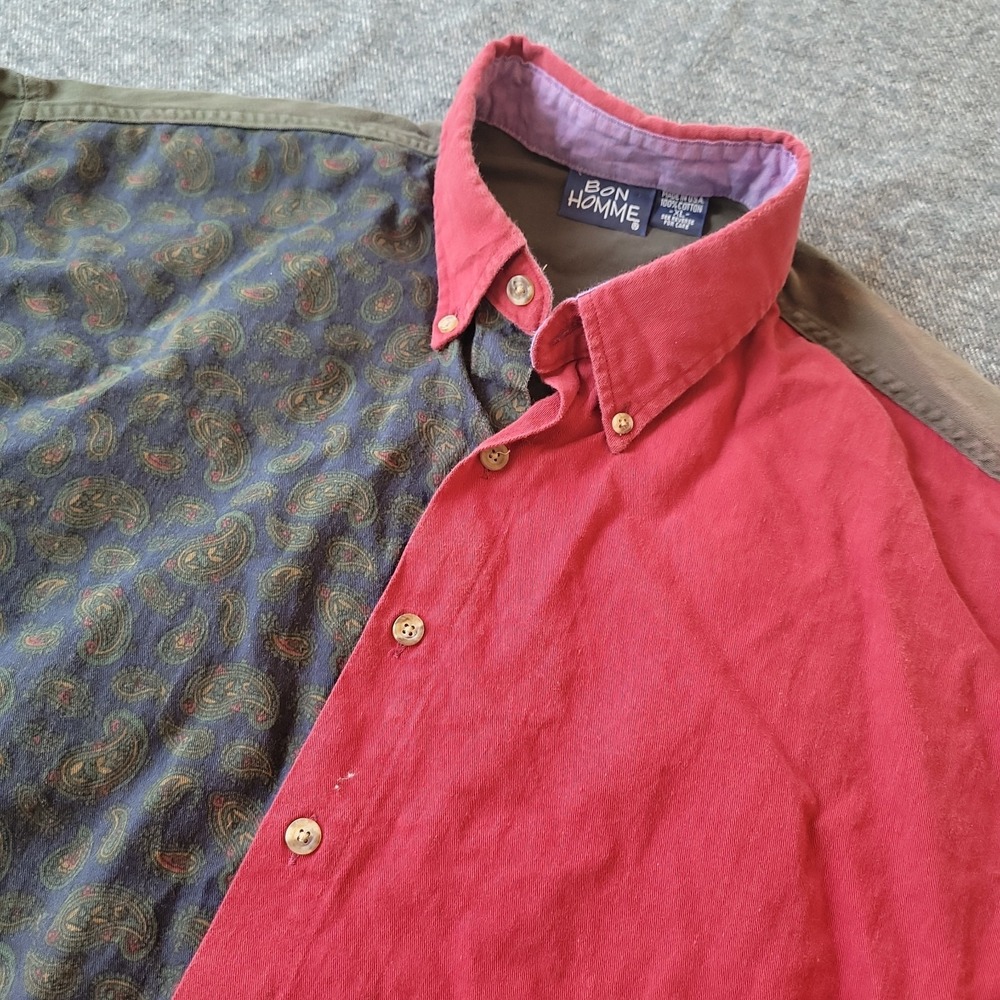 VTG Bon Homme Shirt Men's XL Paisley Colorblock Button Down Cotton‎ Made in USA